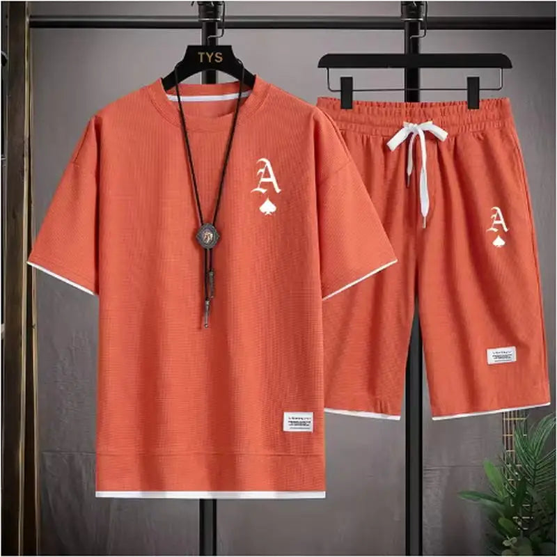 Fashionable casual men's sports suit short-sleeved T-shirt and outdoor summer sports shorts two-piece set daily casual