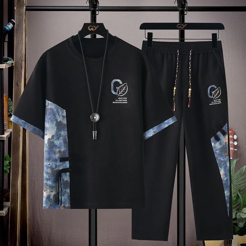 Summer New Fashion Trend Printed Short-Sleeved T-shirt Sports Suit Men's Loose Comfortable Breathable Large Size Two-Piece Set