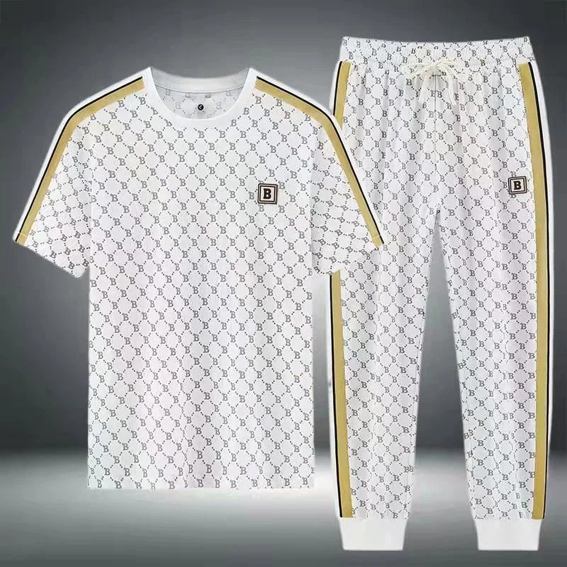 2024 Summer Fashion Printed Ice Silk Short Sleeve T-shirt Sports Set Men's Casual Relaxed Comfortable Breathable Two-Piece Set
