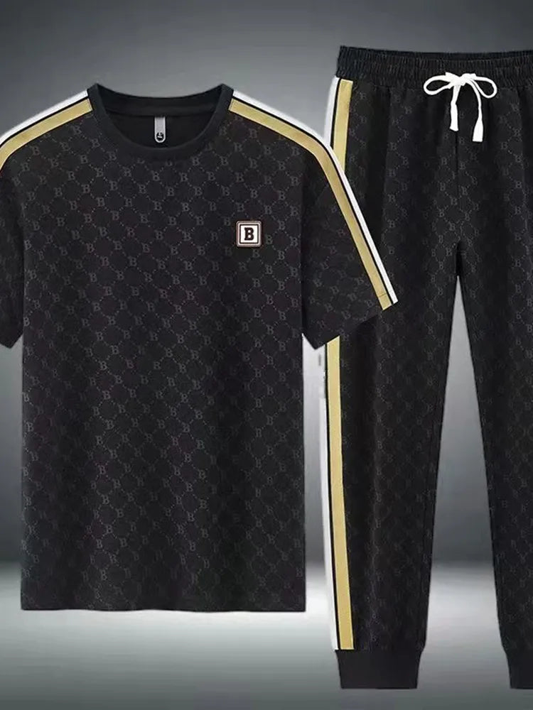 2024 Summer Fashion Printed Ice Silk Short Sleeve T-shirt Sports Set Men's Casual Relaxed Comfortable Breathable Two-Piece Set
