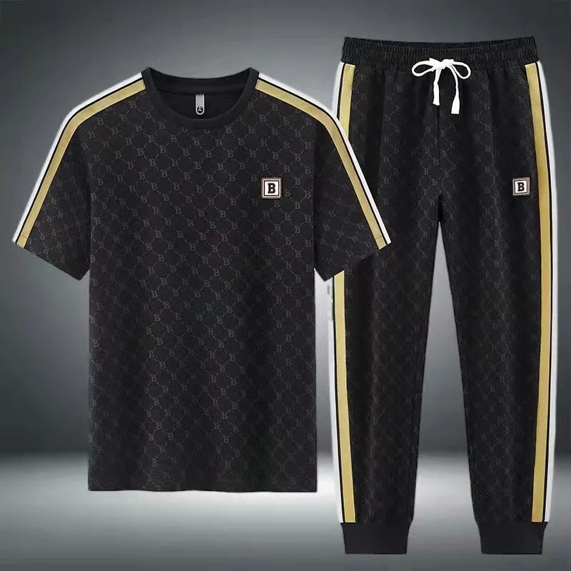 2024 Summer Fashion Printed Ice Silk Short Sleeve T-shirt Sports Set Men's Casual Relaxed Comfortable Breathable Two-Piece Set
