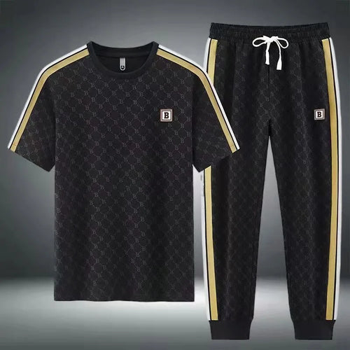 2024 Summer Fashion Printed Ice Silk Short Sleeve T-shirt Sports Set Men's Casual Relaxed Comfortable Breathable Two-Piece Set