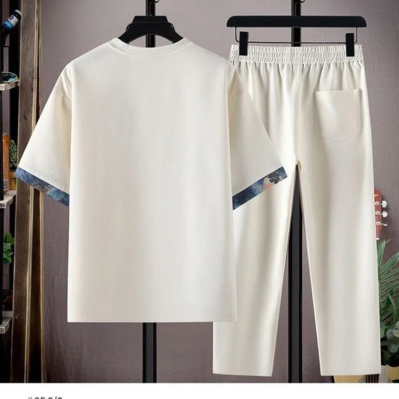 Summer New Fashion Trend Printed Short-Sleeved T-shirt Sports Suit Men's Loose Comfortable Breathable Large Size Two-Piece Set