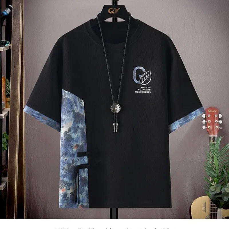 Summer New Fashion Trend Printed Short-Sleeved T-shirt Sports Suit Men's Loose Comfortable Breathable Large Size Two-Piece Set