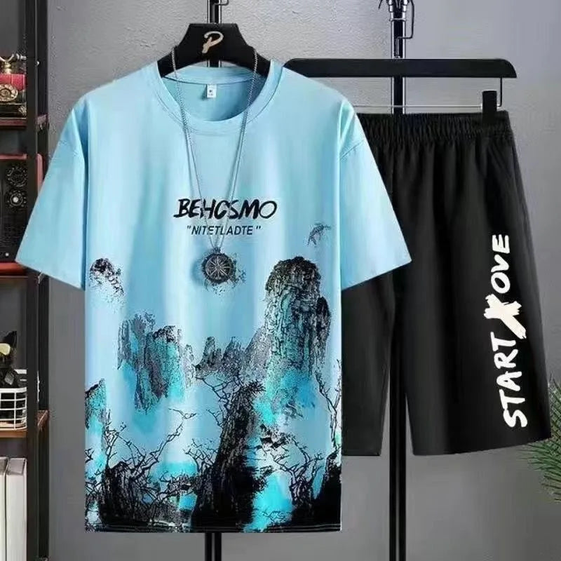 2024 Summer Leisure Men Set Manga Graffiti Tees T-Shirt + Shorts 2-Piece Comfortable and Breathable for Men Top Print T-Shirts S