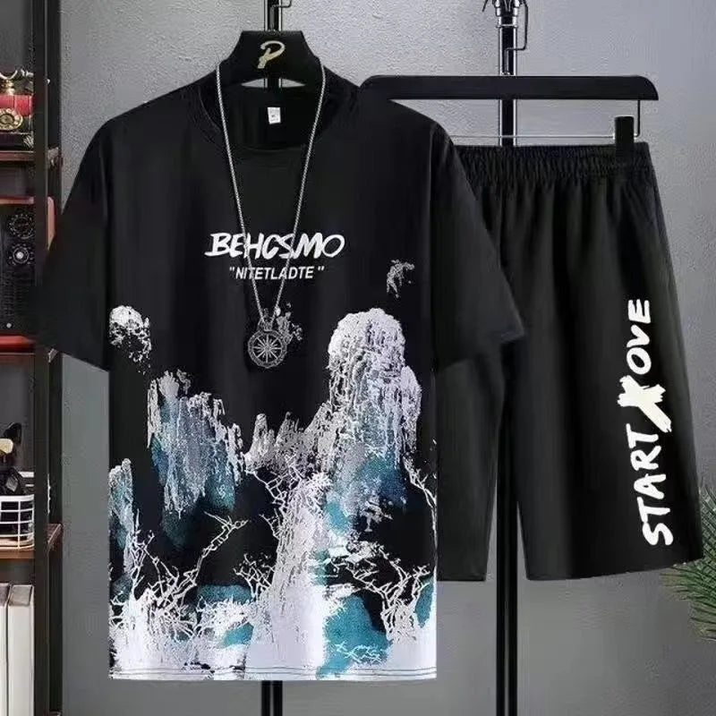 2024 Summer Leisure Men Set Manga Graffiti Tees T-Shirt + Shorts 2-Piece Comfortable and Breathable for Men Top Print T-Shirts S