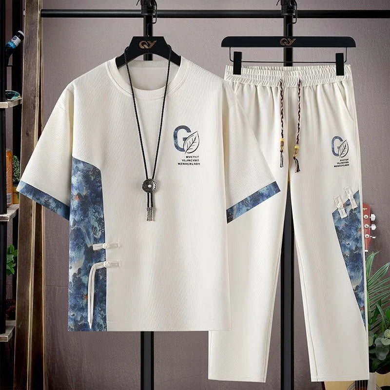 Summer New Fashion Trend Printed Short-Sleeved T-shirt Sports Suit Men's Loose Comfortable Breathable Large Size Two-Piece Set