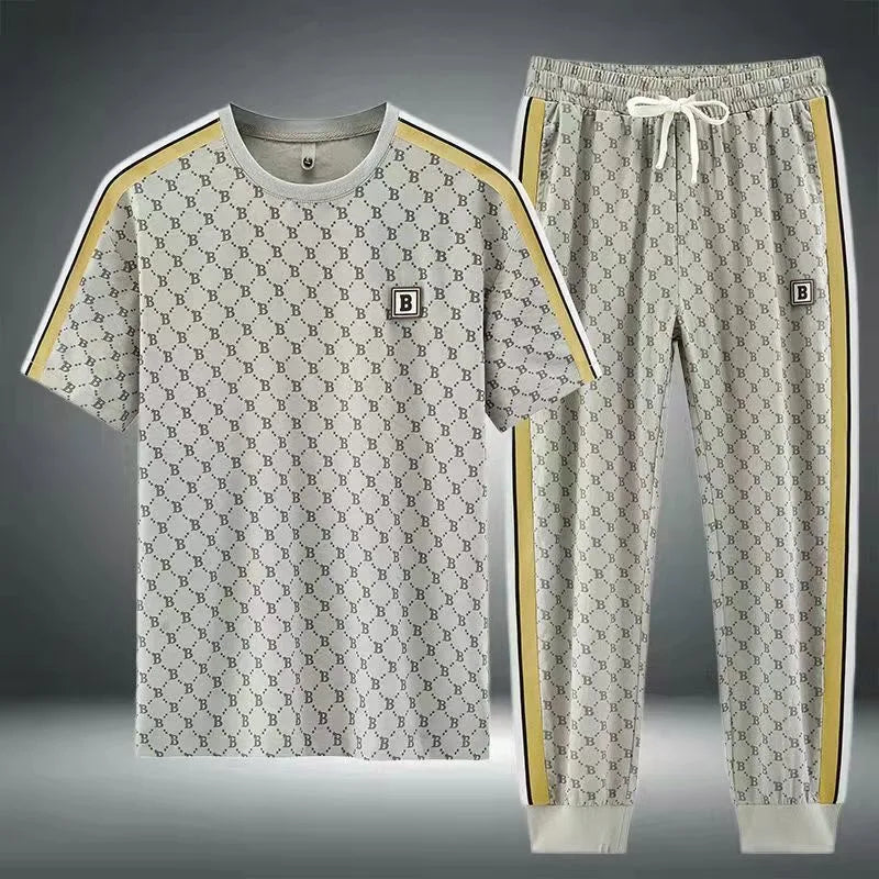 2024 Summer Fashion Printed Ice Silk Short Sleeve T-shirt Sports Set Men's Casual Relaxed Comfortable Breathable Two-Piece Set