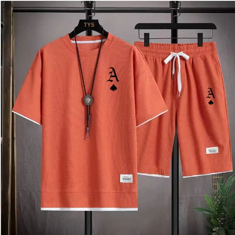 Fashionable casual men's sports suit short-sleeved T-shirt and outdoor summer sports shorts two-piece set daily casual