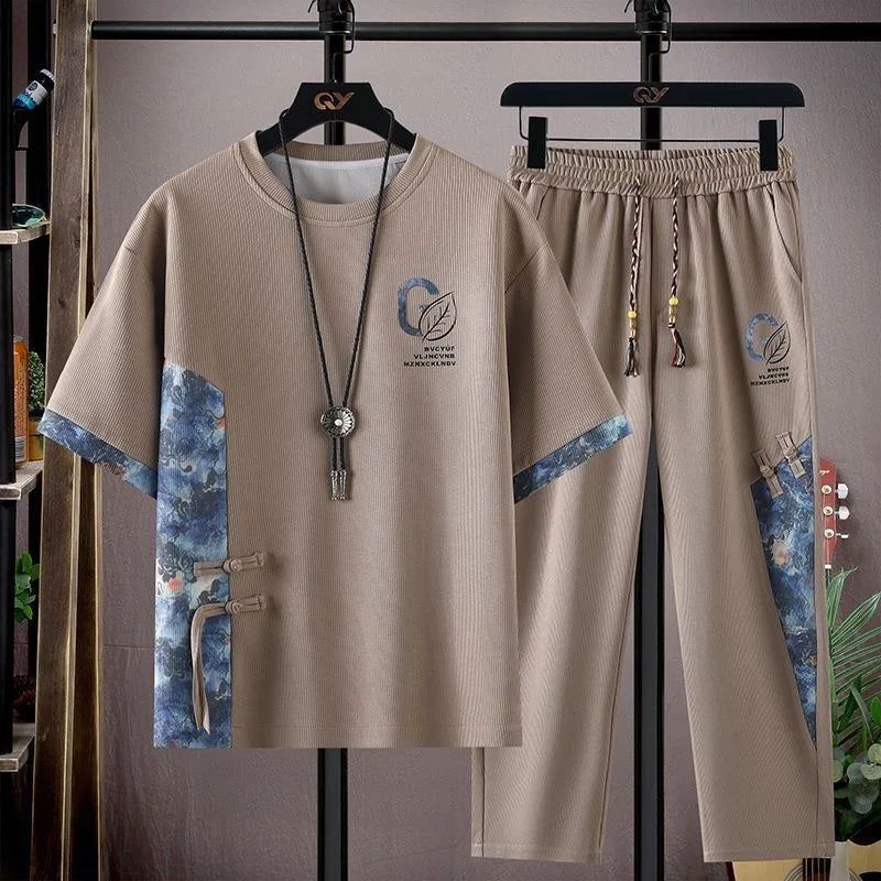 Summer New Fashion Trend Printed Short-Sleeved T-shirt Sports Suit Men's Loose Comfortable Breathable Large Size Two-Piece Set